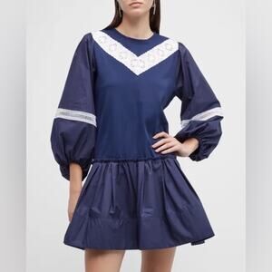 TANYA TAYLOR Kirstie Puff-Sleeve Drop-Waist Mini Dress Navy Blue Size XS NEW